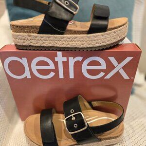 Aetrex Vania Black Leather Wedge Sandal Size 39 (US 8.5)